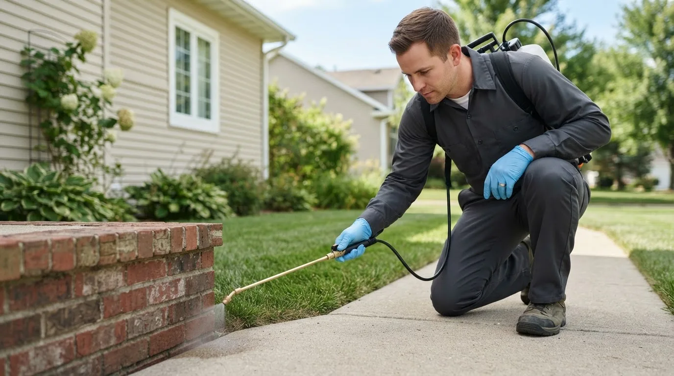 Pest control technician treating a home near Rockfall, CT